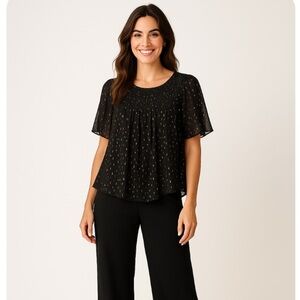 Velvet by Graham & Spencer Metallic Semi Sheer Babydoll Blouse L Black